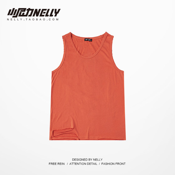 Ins European And American High Street Hip Hop Brand Cotton Sweat Vest Bottoming Shirt Loose Solid Color Knife Cut Hole Sleeveless T-shirt For Men And Women Ins European And American High Street Hip Hop Brand Cotton Sweat Vest Bottoming Shirt Loose Solid Color Knife Cut Hole Sleeveless T-shirt For Men And Women
