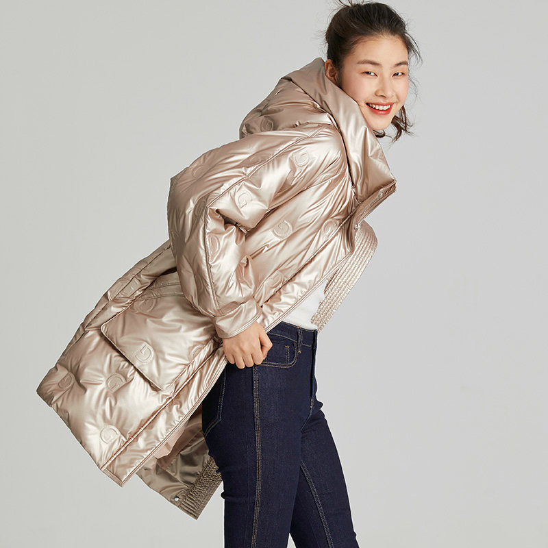5件5折歌莉娅2020年冬季新品3d压胶中长白鹅羽绒服