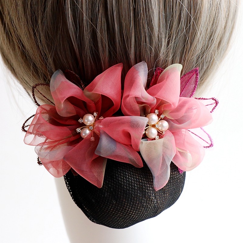 职业头花优雅花朵带网兜发夹 酒店护士发卡子盘发发簪成人发饰品