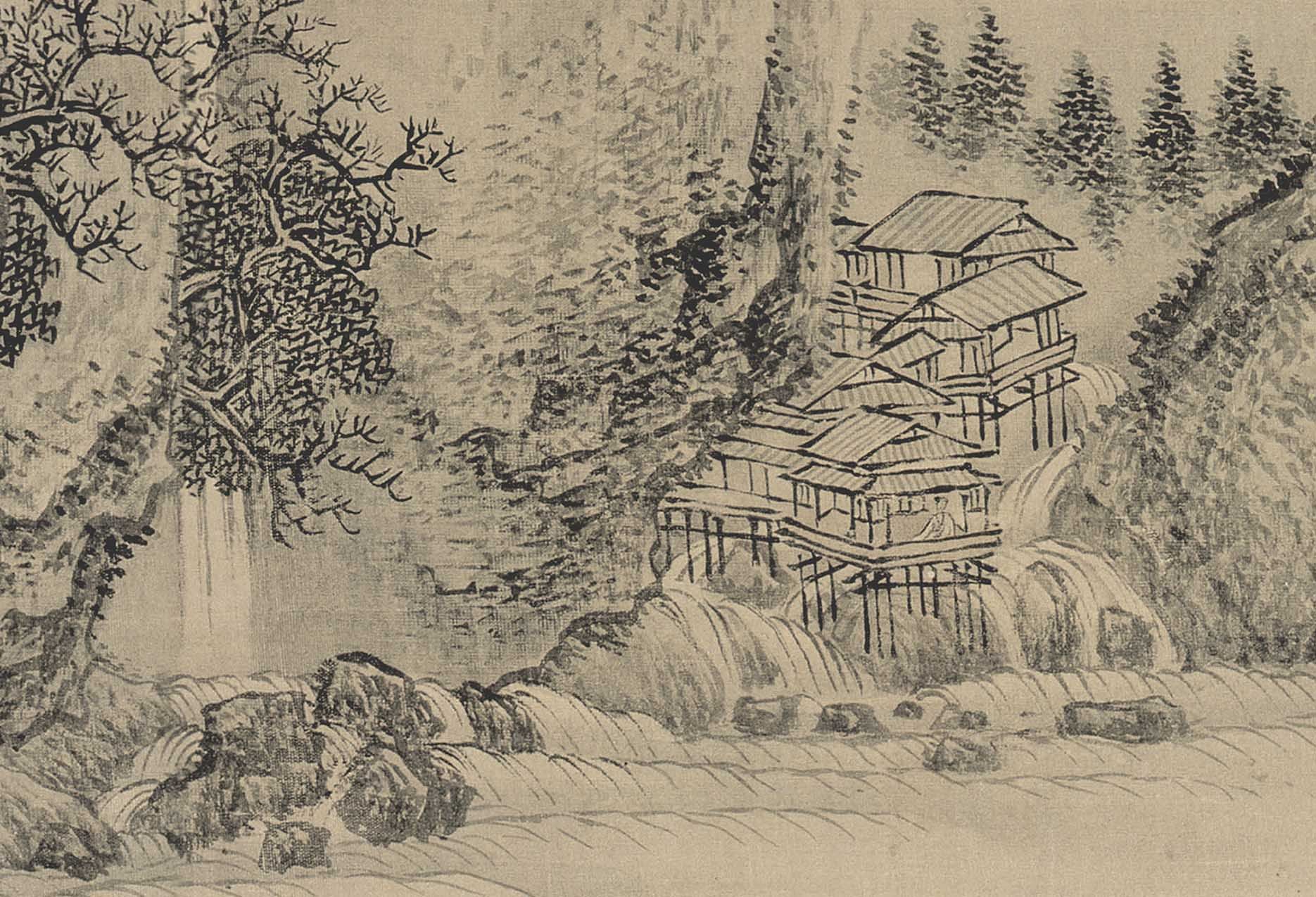 山水画复制清微高清微水墨字画卷古旅图山行宽溪国画