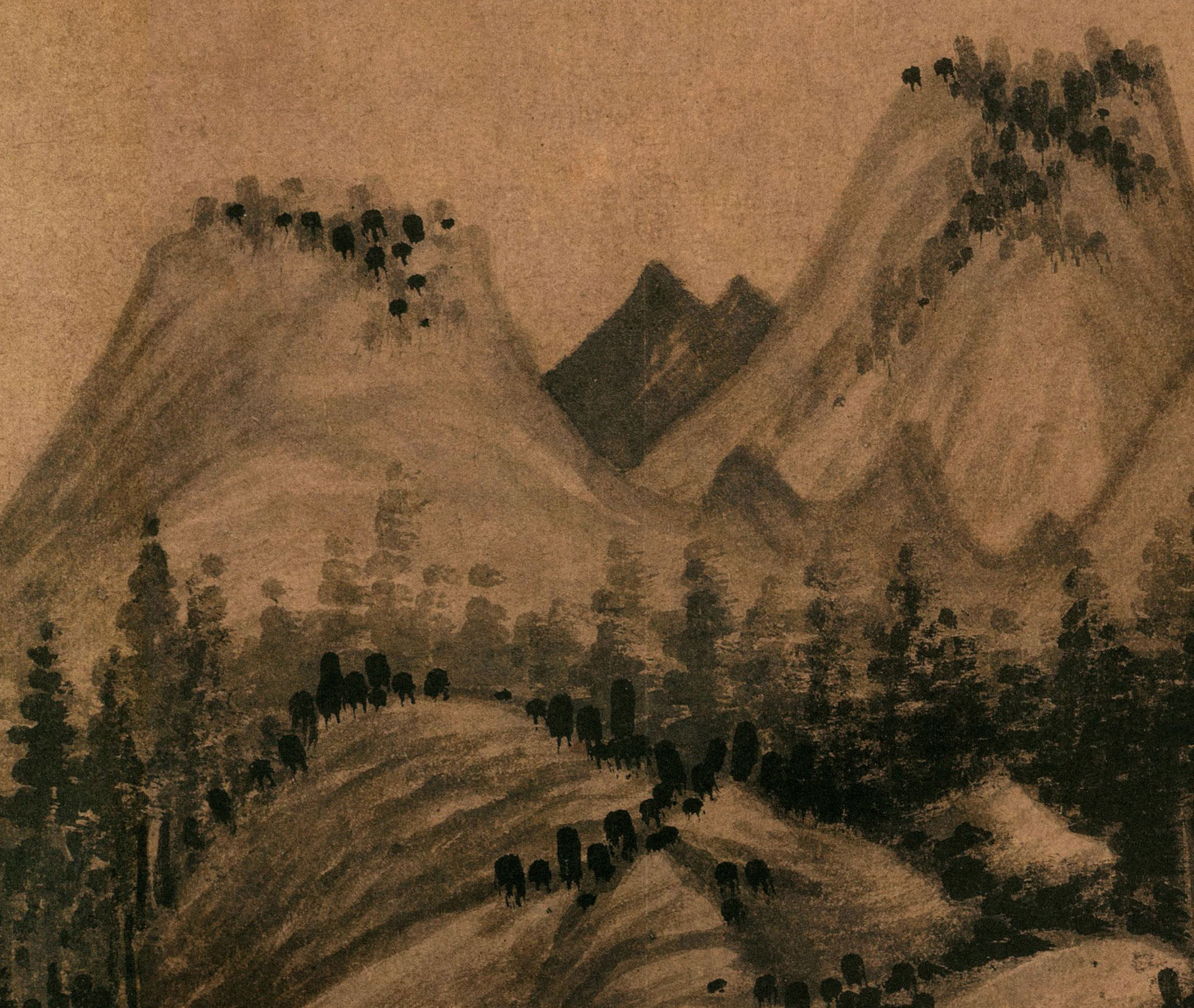 1元代吴镇中山图卷横版古代名家水墨山水国画国画