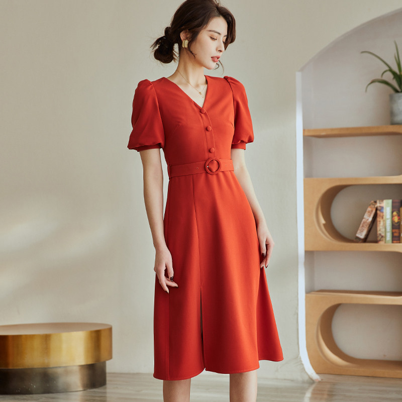 罗衣优雅橘红色连衣裙女2021夏装新款气质灯笼袖a摆中长裙子03920