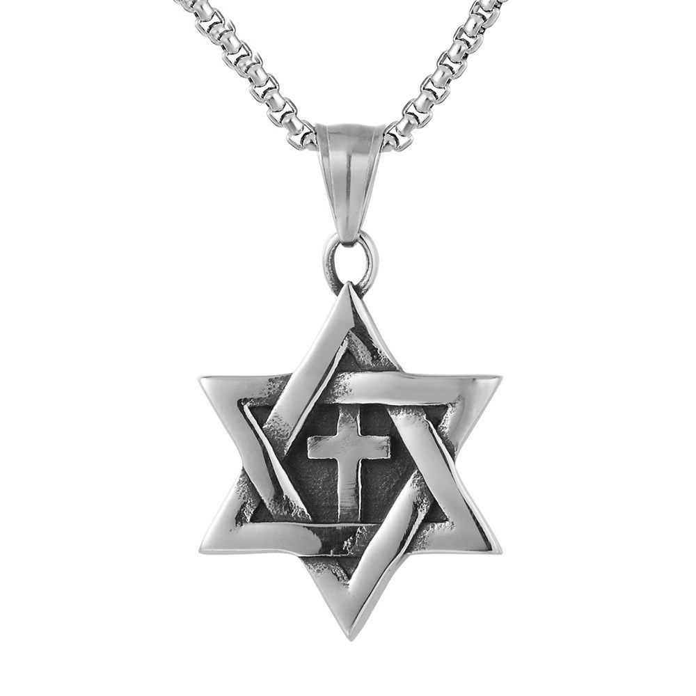 钛钢项链时尚欧美复古六芒星十字架吊坠个性霸气项链