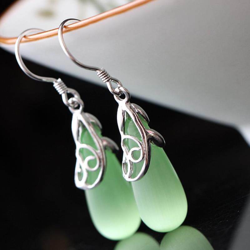 银宸首饰泰国老银匠时尚纯银耳坠猫眼石水滴流苏耳环