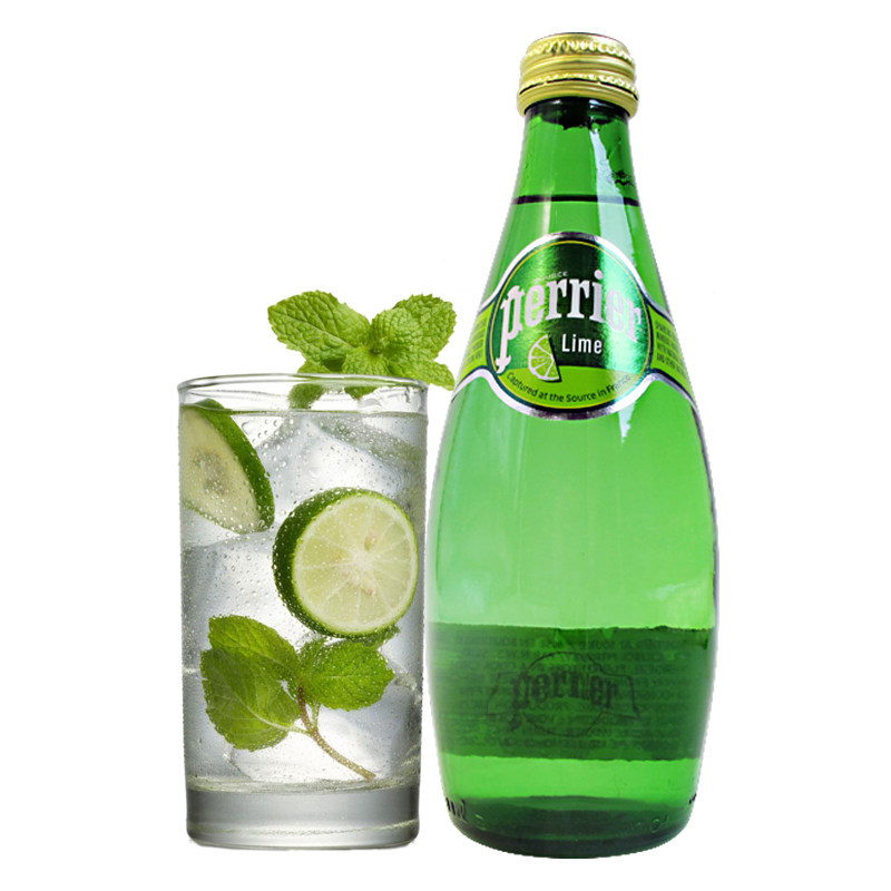 法国进口苏打水perrier巴黎水青柠柠檬味饮料含气矿泉水330ml*4瓶