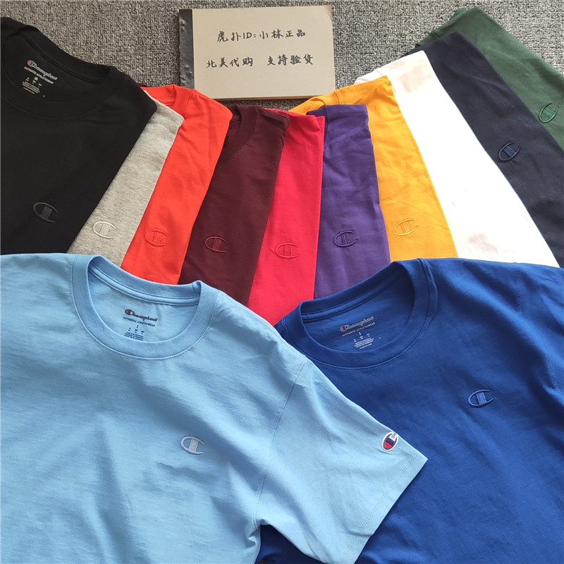 美国购回 Champion冠军刺绣双标Logo棉质T恤男女情侣版短袖打底衫