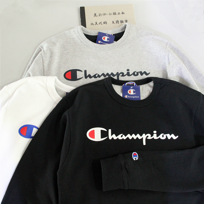 美国购回 Champion冠军草写字母大Logo印花圆领套头卫衣男女情侣