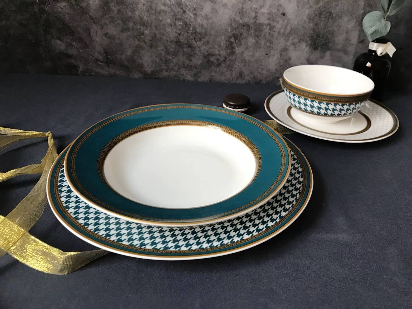 英式复古千鸟格餐具时尚家用金边牛排盘意面盘盘