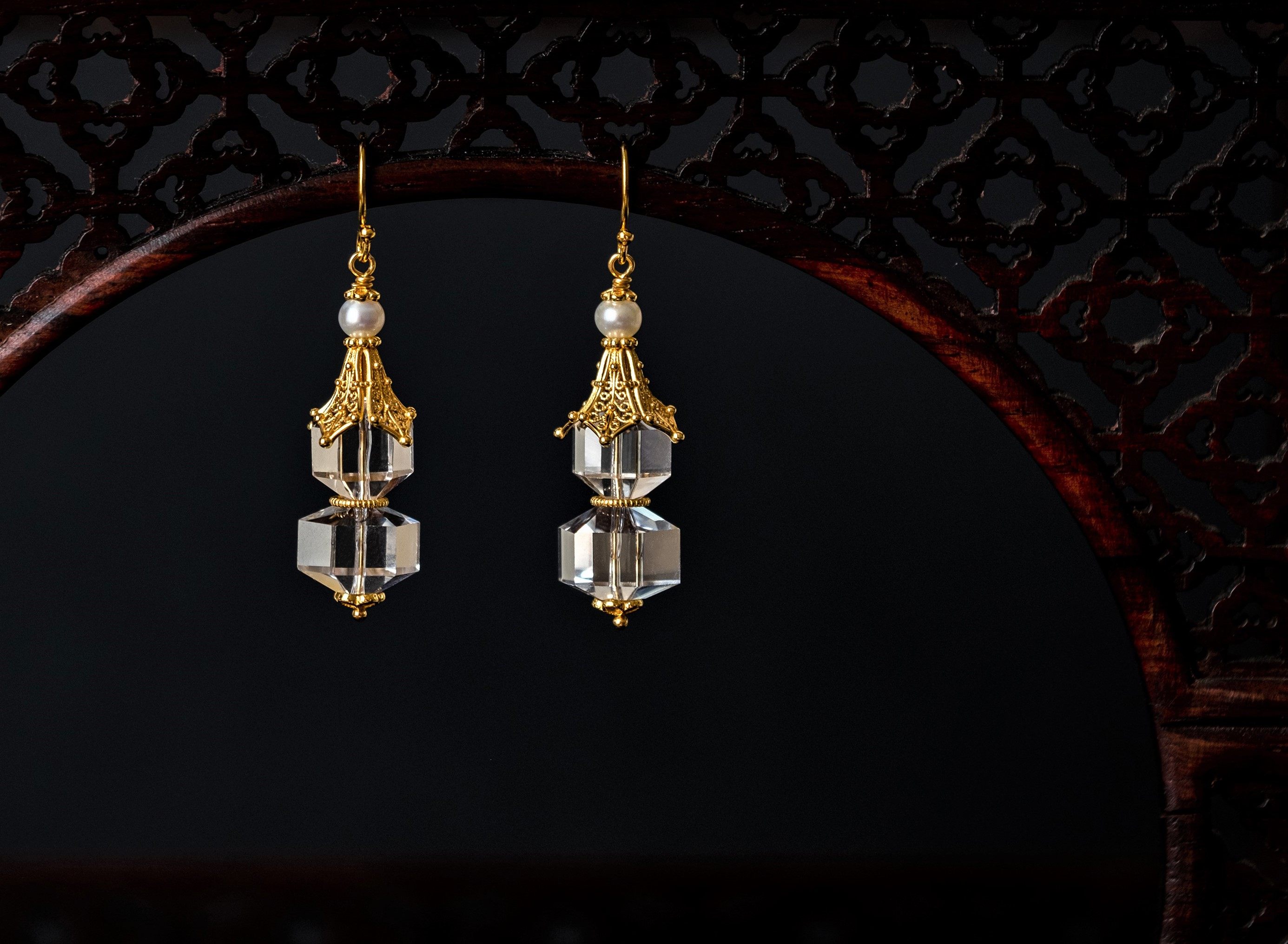 明代s925镀金花丝天然白水晶水晶棱珠葫芦耳环耳环