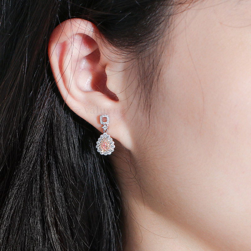 万伦珠宝天然粉钻耳钉18k白金群镶显大水滴耳饰