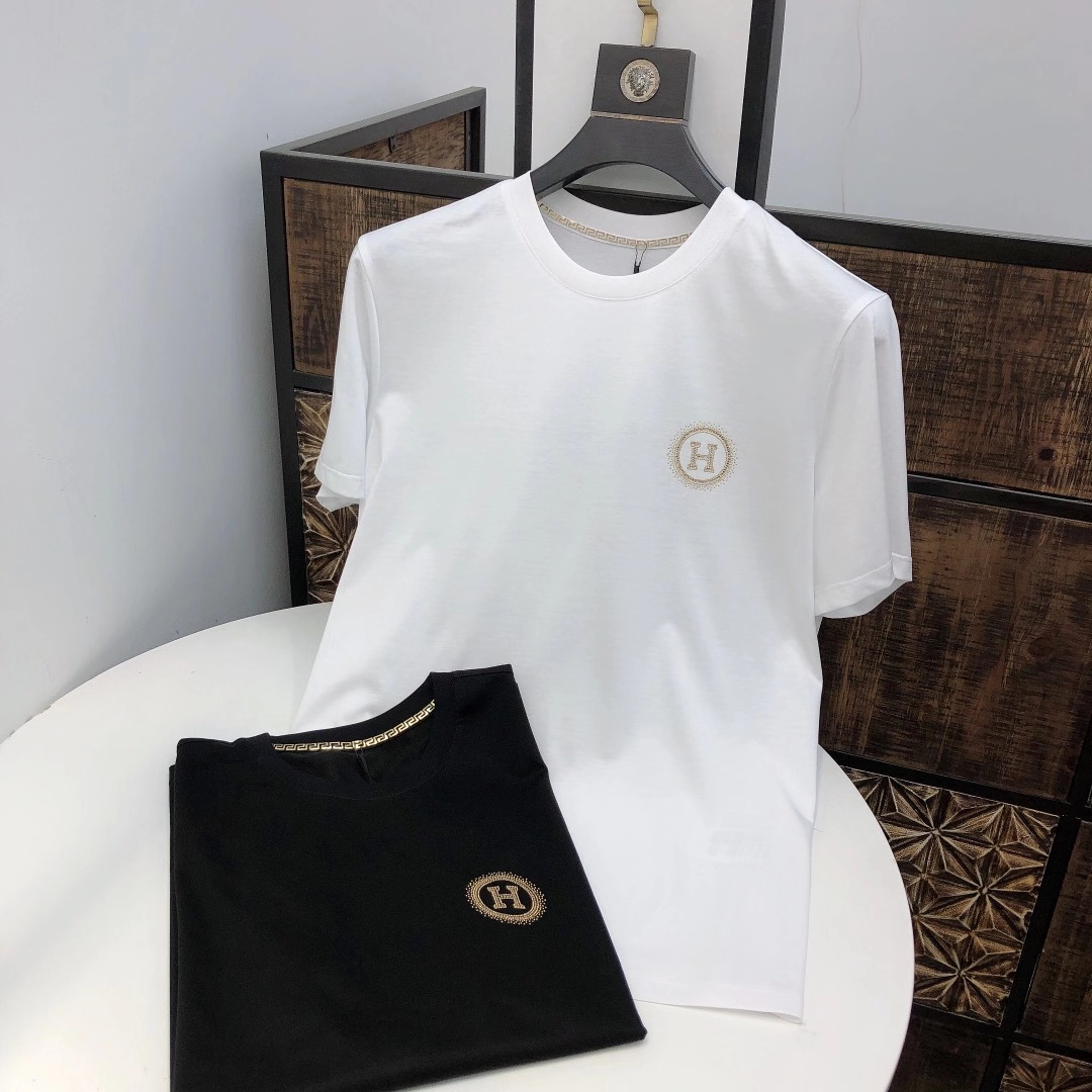 潮牌冰丝滑料双丝光棉短袖T恤男刺绣薄款半袖潮流ins修身打底衫新