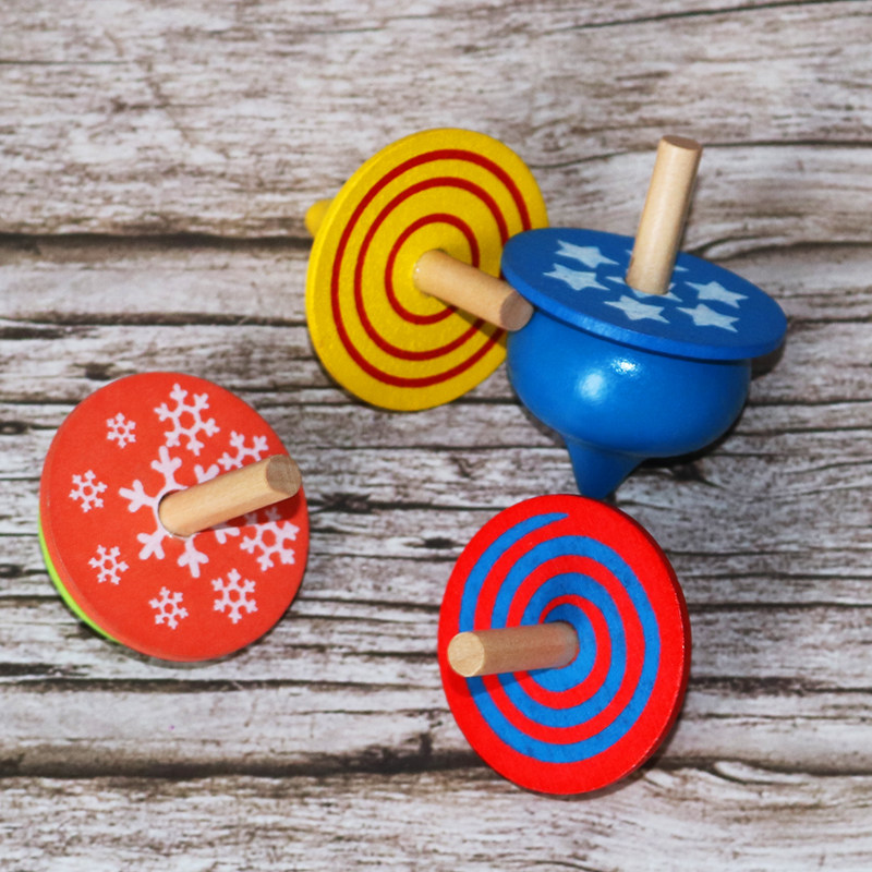 儿童木质炫彩手转陀螺四个手动拧转旋转玩具陀螺