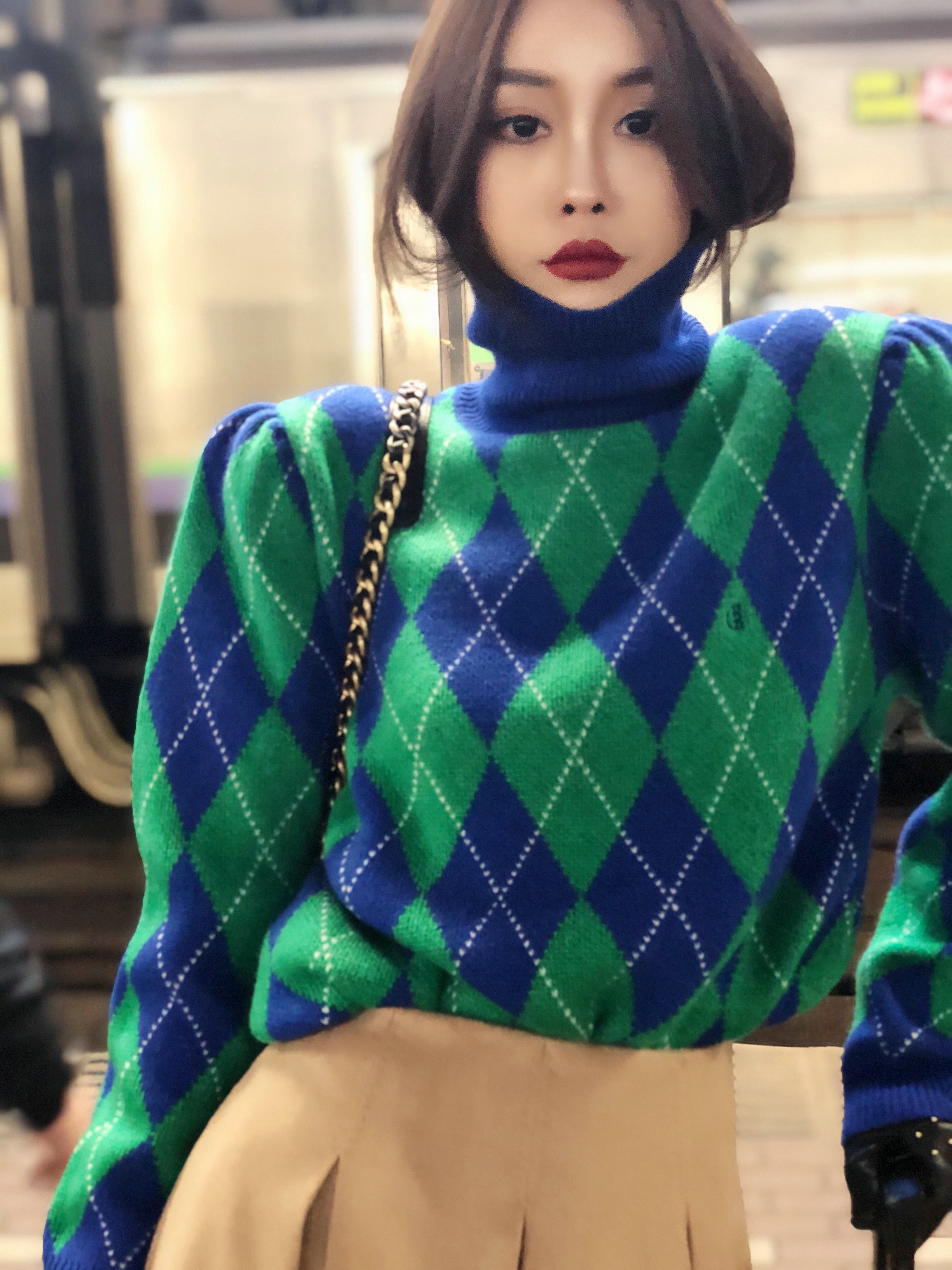特价高奢系列售完不补泡泡袖蓝绿色格子羊毛毛衣