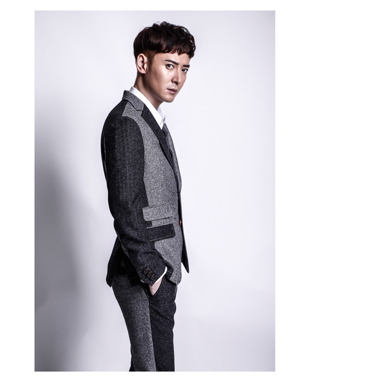 明星韩栋同灰色拼接秋冬粗纺西装修身外套nick西服
