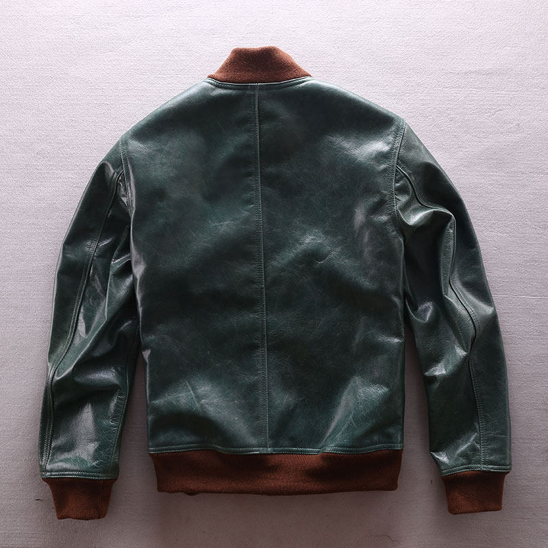a1飞行员皮夹克茶芯头层黄牛皮橄榄绿单排短款机车皮衣