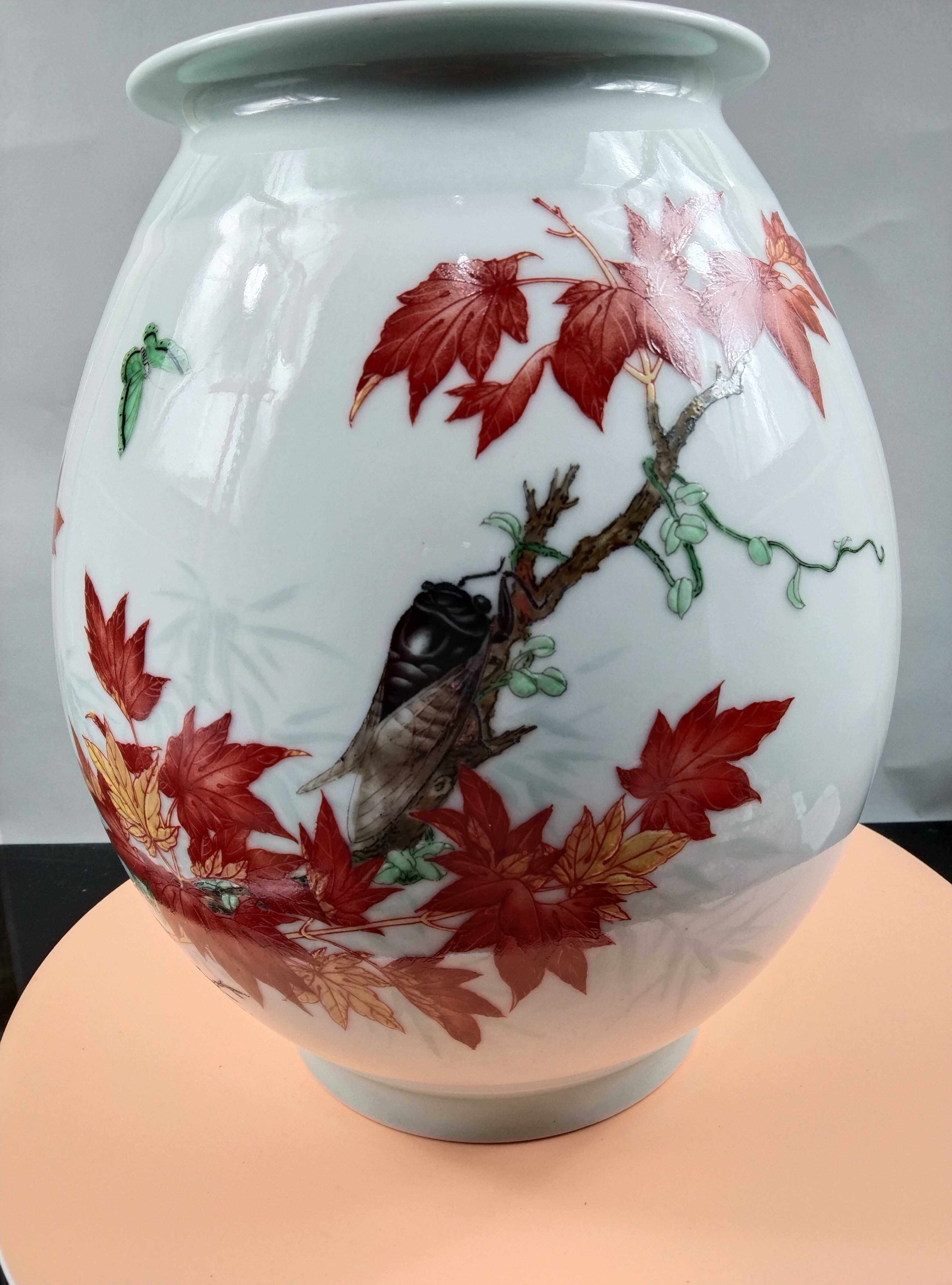 景德镇陶瓷粉彩瓷器现代名人金喜手工绘画作品秋鸣花瓶陶瓷瓶