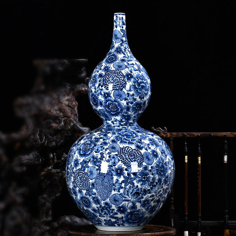 李镇英景德镇仿古陶瓷器手绘青花万花葫芦收藏摆件花瓶