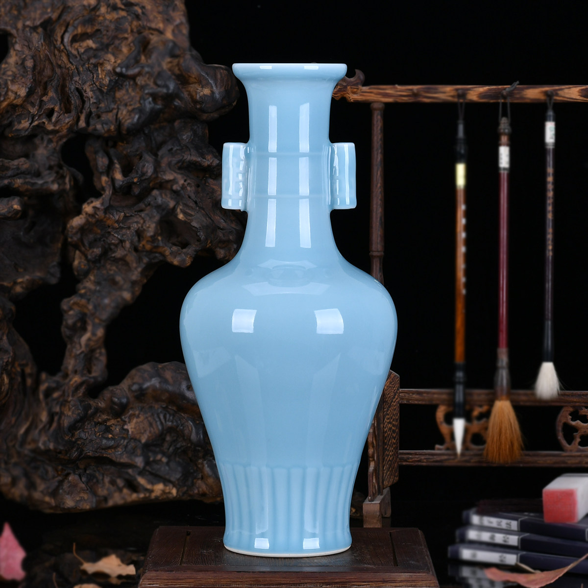 景德镇陶瓷器花瓶手工雕刻粉青如意贯耳家居客厅花瓶