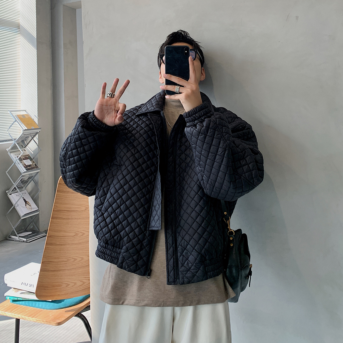 小胡子店2021秋冬棉服夹克男潮流加厚设计感翻领短款宽松棉衣外套