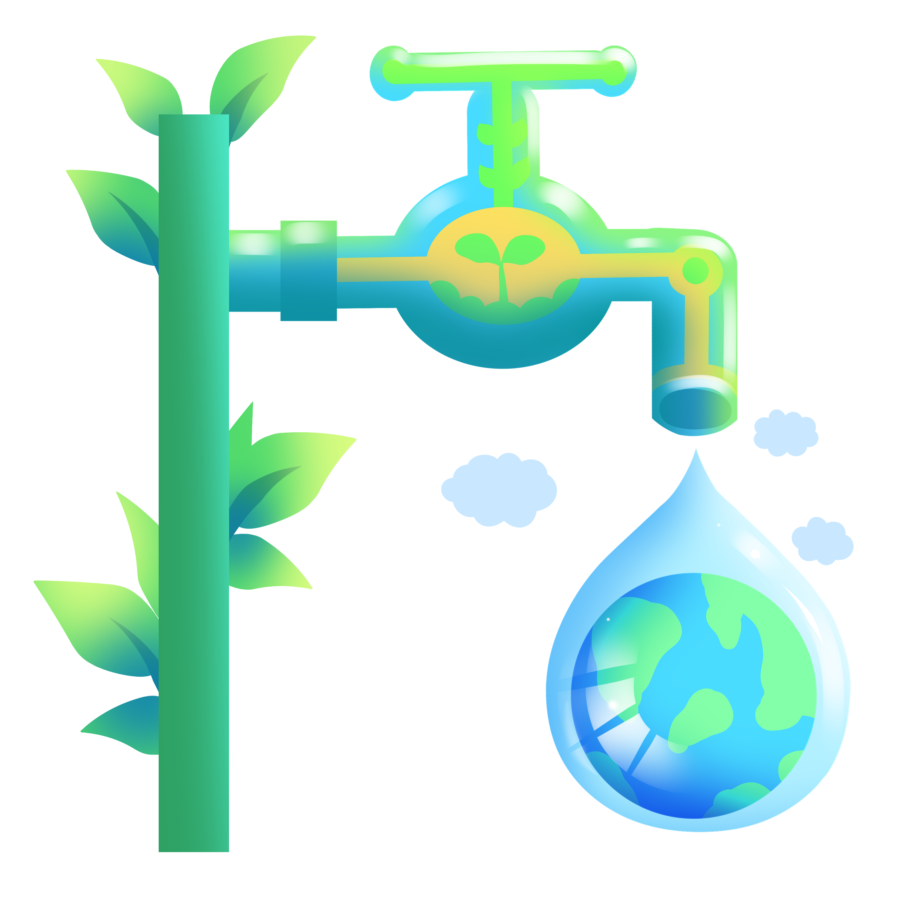 手绘水龙头卡通水滴水珠节约用水海报插画png免扣素材