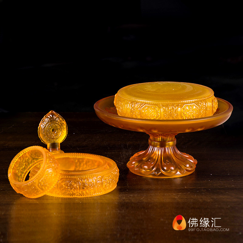 佛缘西藏佛教用品供佛曼达藏族曼茶八吉祥琉璃摆件