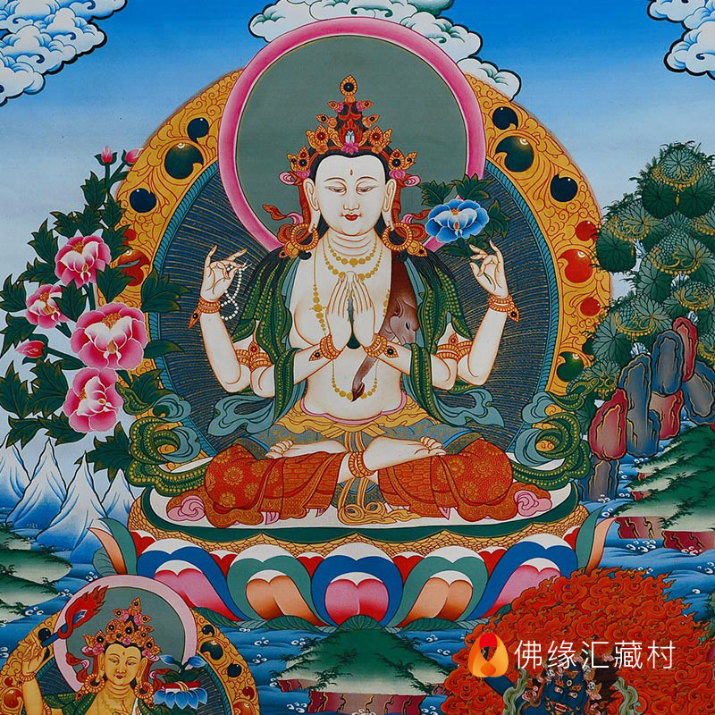 唐卡藏族藏式装饰画佛堂供奉西藏四臂观音三怙现代装饰画