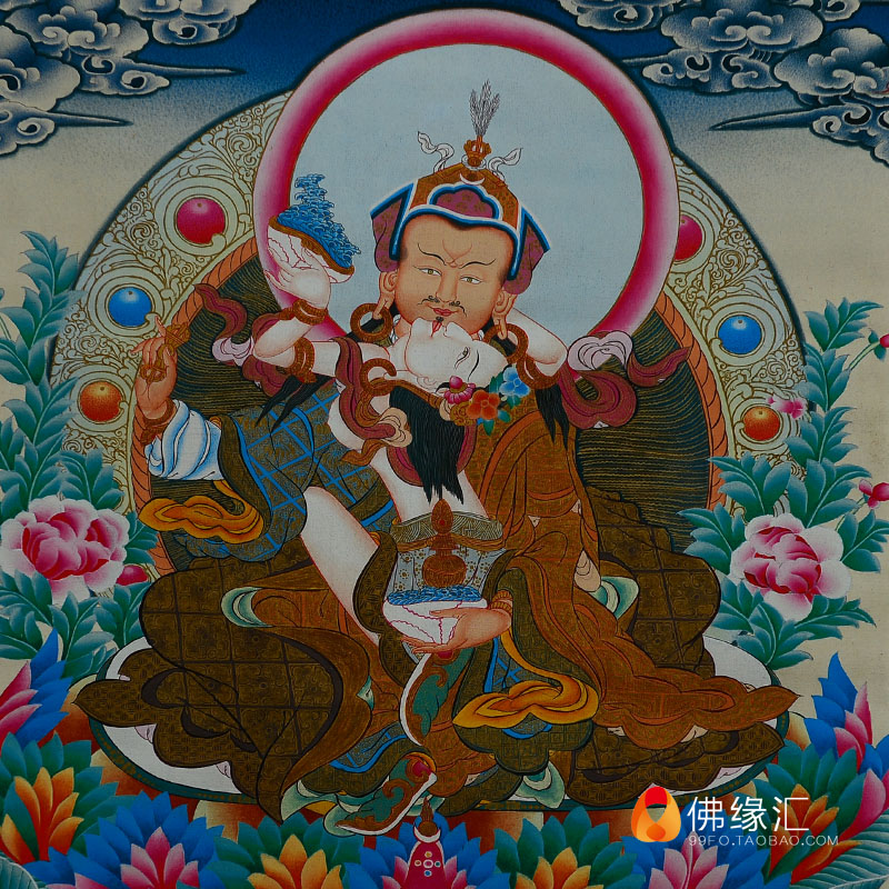 佛缘尼泊尔天然矿物颜料画心莲师双莲花花生大师现代装饰画