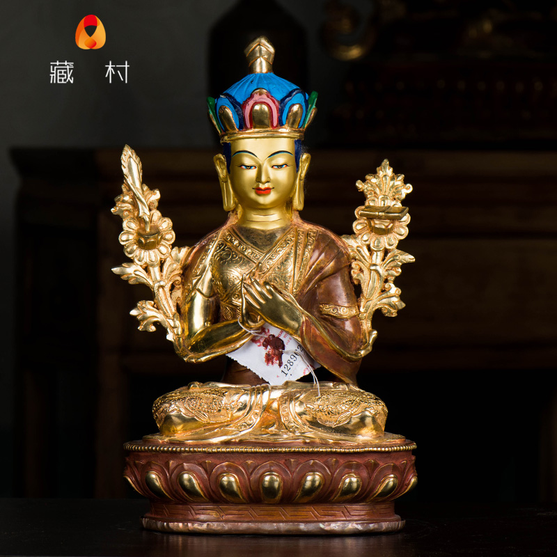 苯教纯铜佛像供奉大师良美尼泊尔金纯铜半鎏背光摆件