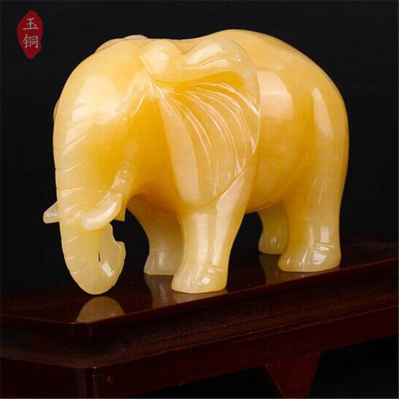 天然米黄黄玉玉石雕刻招财大象摆件一对乔迁摆件