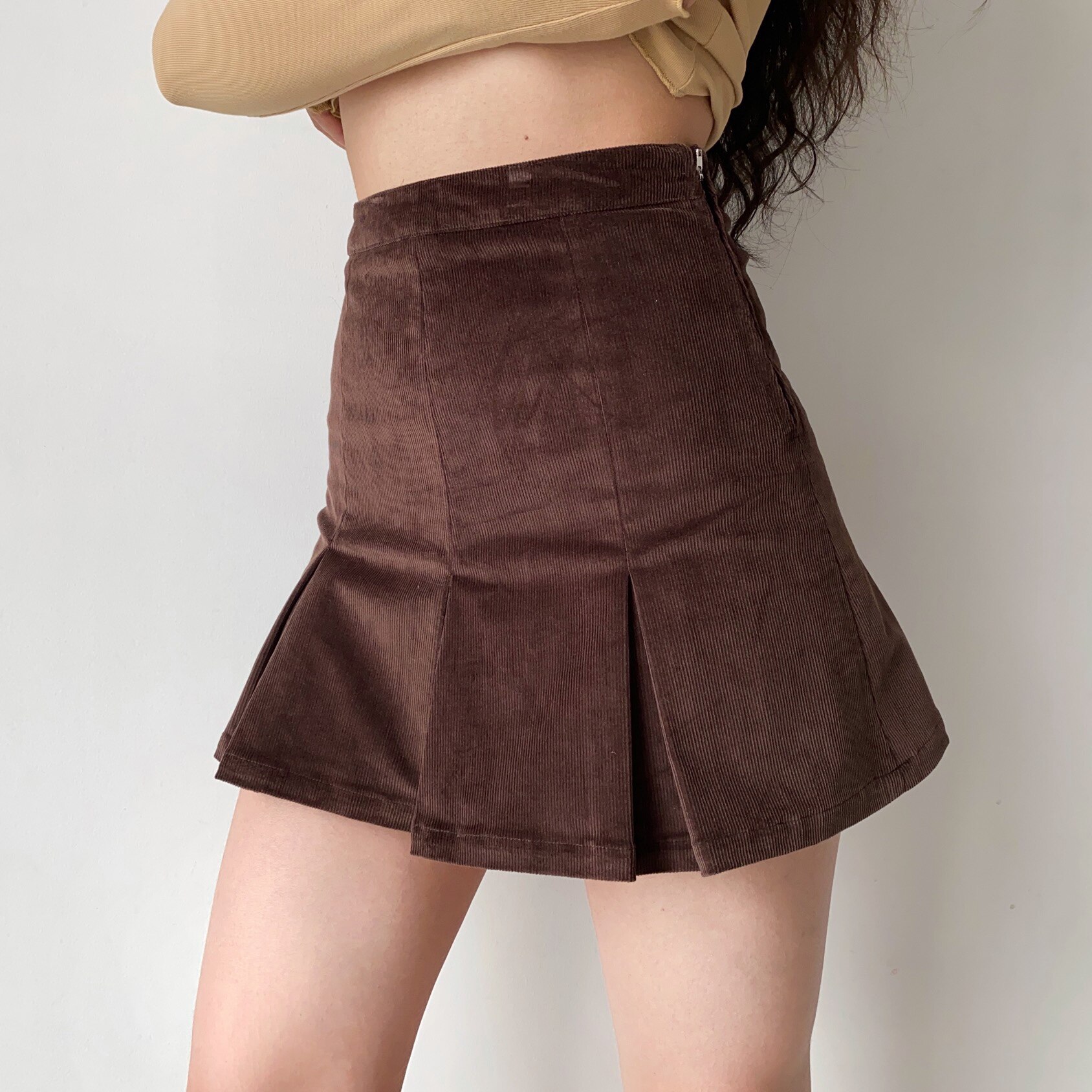 gogirl自制欧美复古显腿灯芯绒高腰半身裙褶半身裙