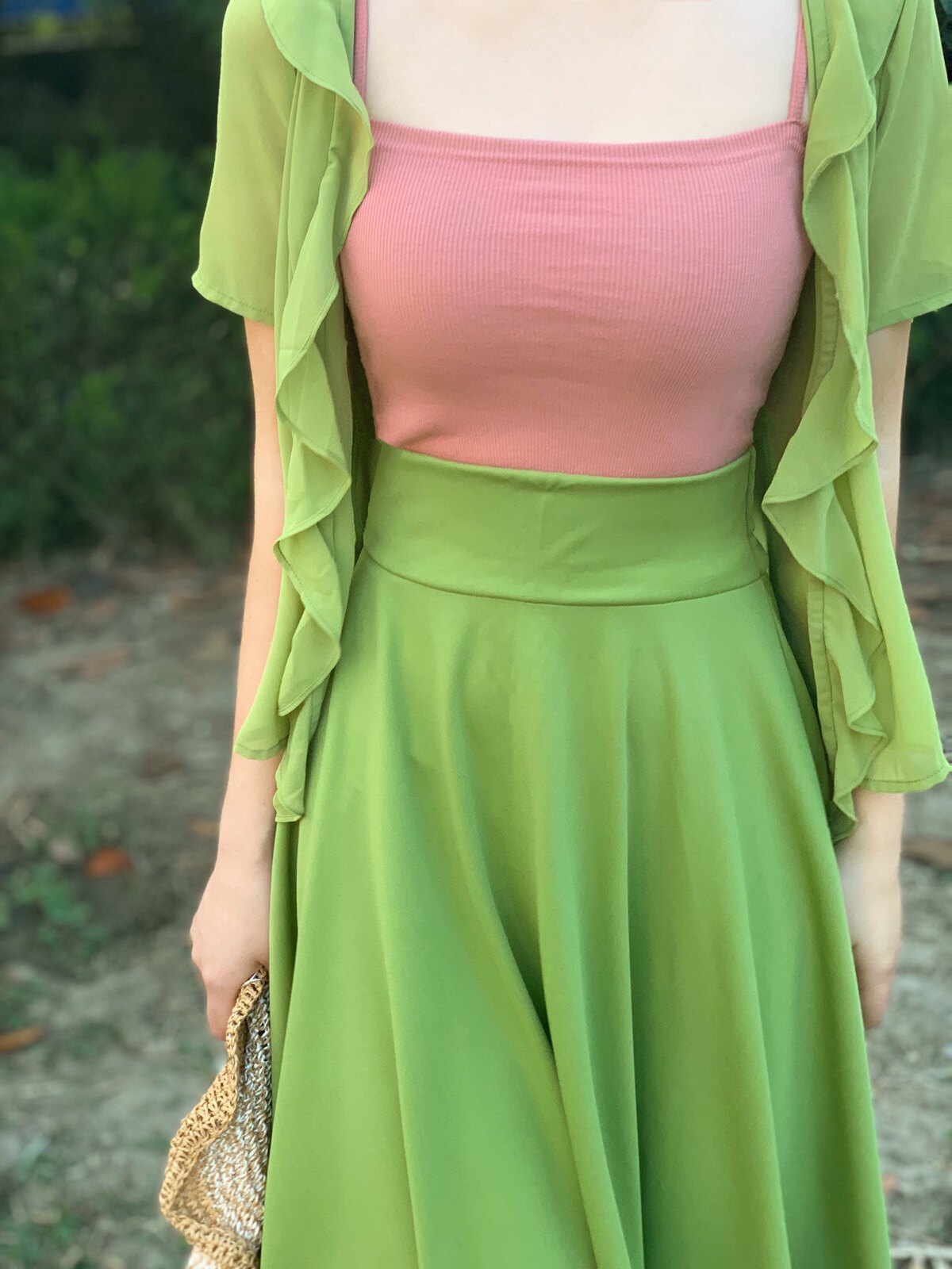 时光夏季复古显白绿色连衣裙中长性感吊带鱼尾连衣裙