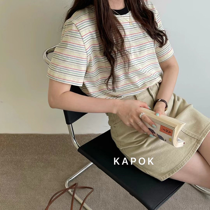 kapok彩色条纹撞色圆领百搭纯棉短袖恤女2021t恤