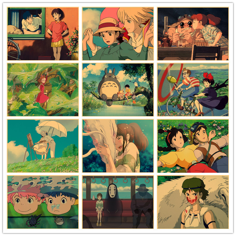 海报宫崎骏动漫画集龙猫千与千寻复古牛皮纸墙贴宿舍现代装饰画