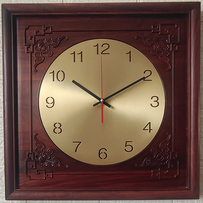 血檀新中式大号正方形中式客厅红木石英钟实木风水挂钟