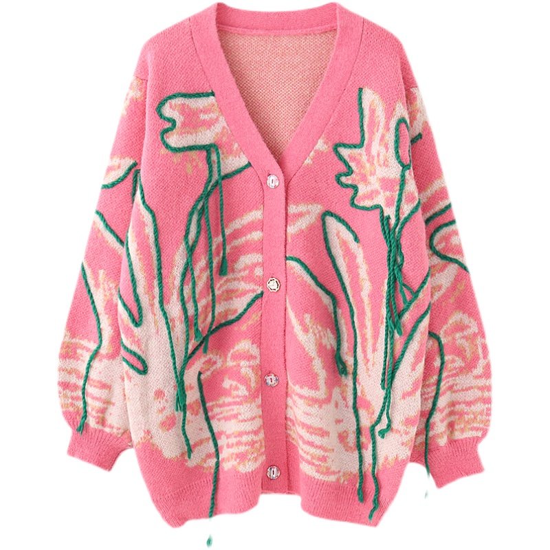 mmc个性勾线中长款开衫女慵懒甜美桃红色毛衣毛针织衫