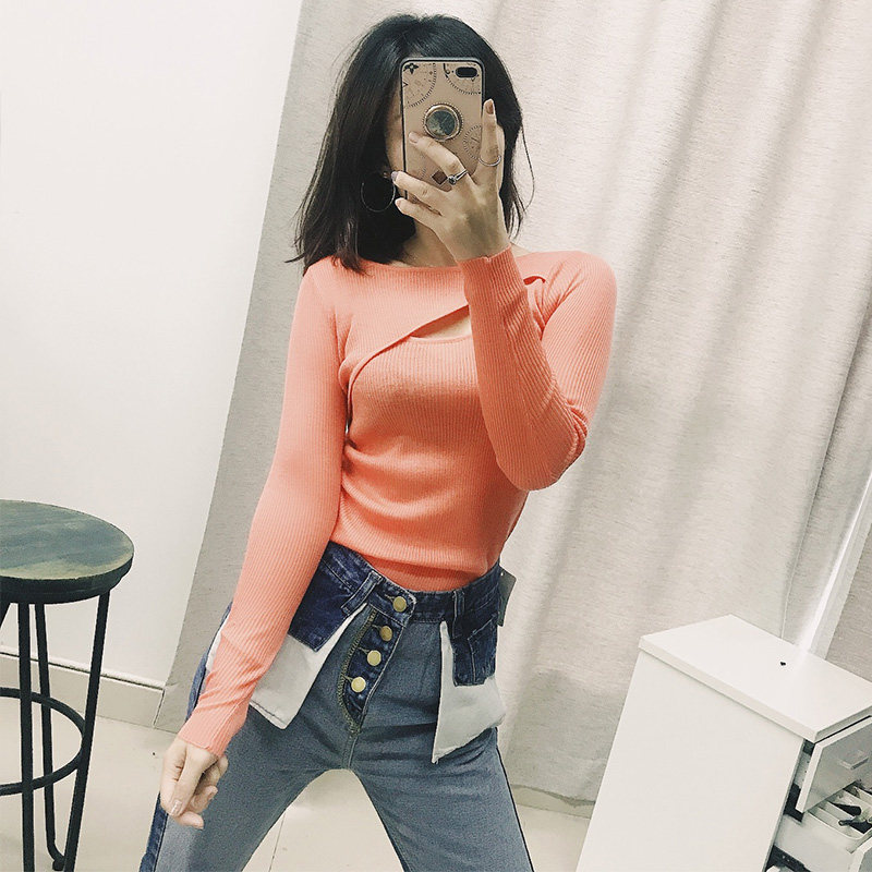 mmcstudio秋季慵懒风毛衣女胸口开叉针织衫潮性感百搭上衣女