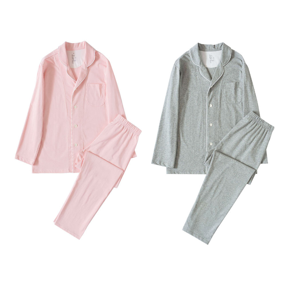 无印无侧缝针针织罗纹睡衣套装良品纯棉男女睡衣