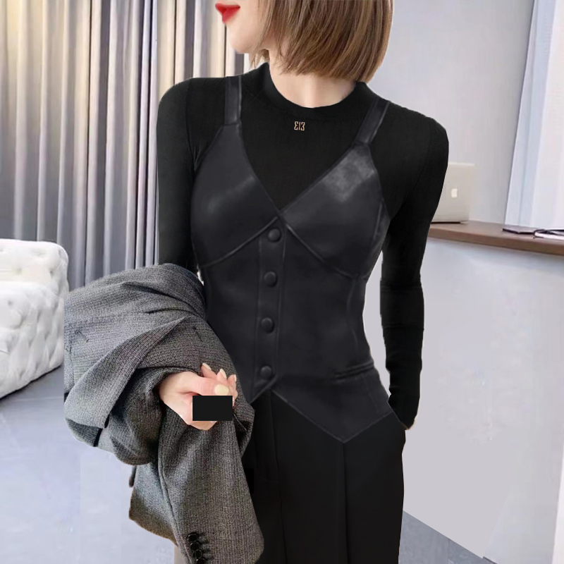 名媛风PU洗水皮马甲外穿女2020秋冬韩版显瘦V领无袖坎肩背心马夹