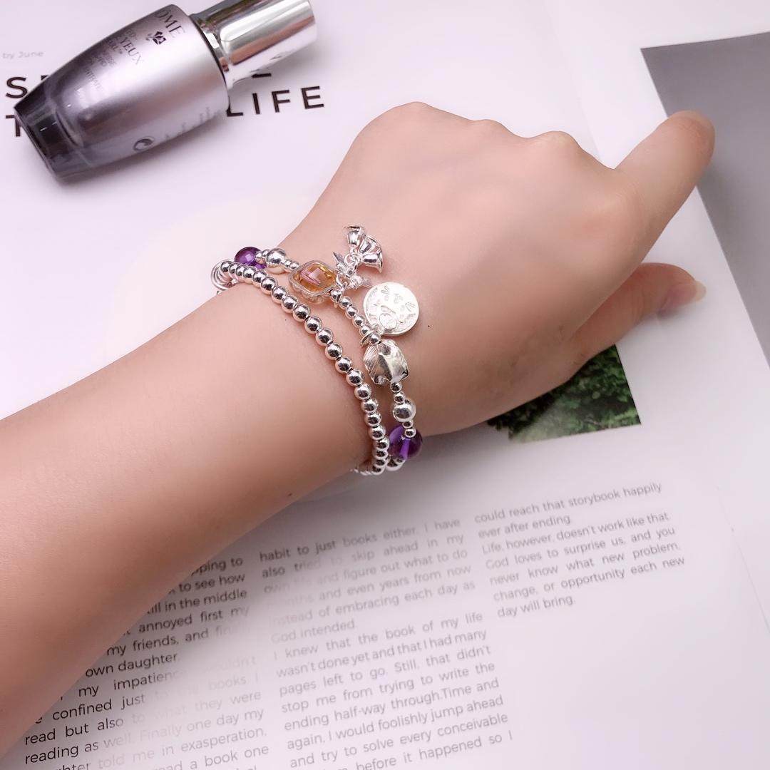 百寻银堇色安年手链天然紫晶diy铃铛手环圆形手链