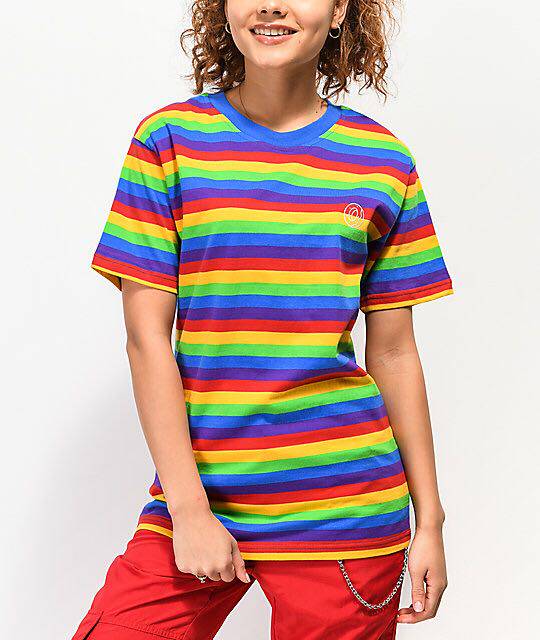 美国正品代购oddfuture可爱彩虹色条条纹刺绣t恤