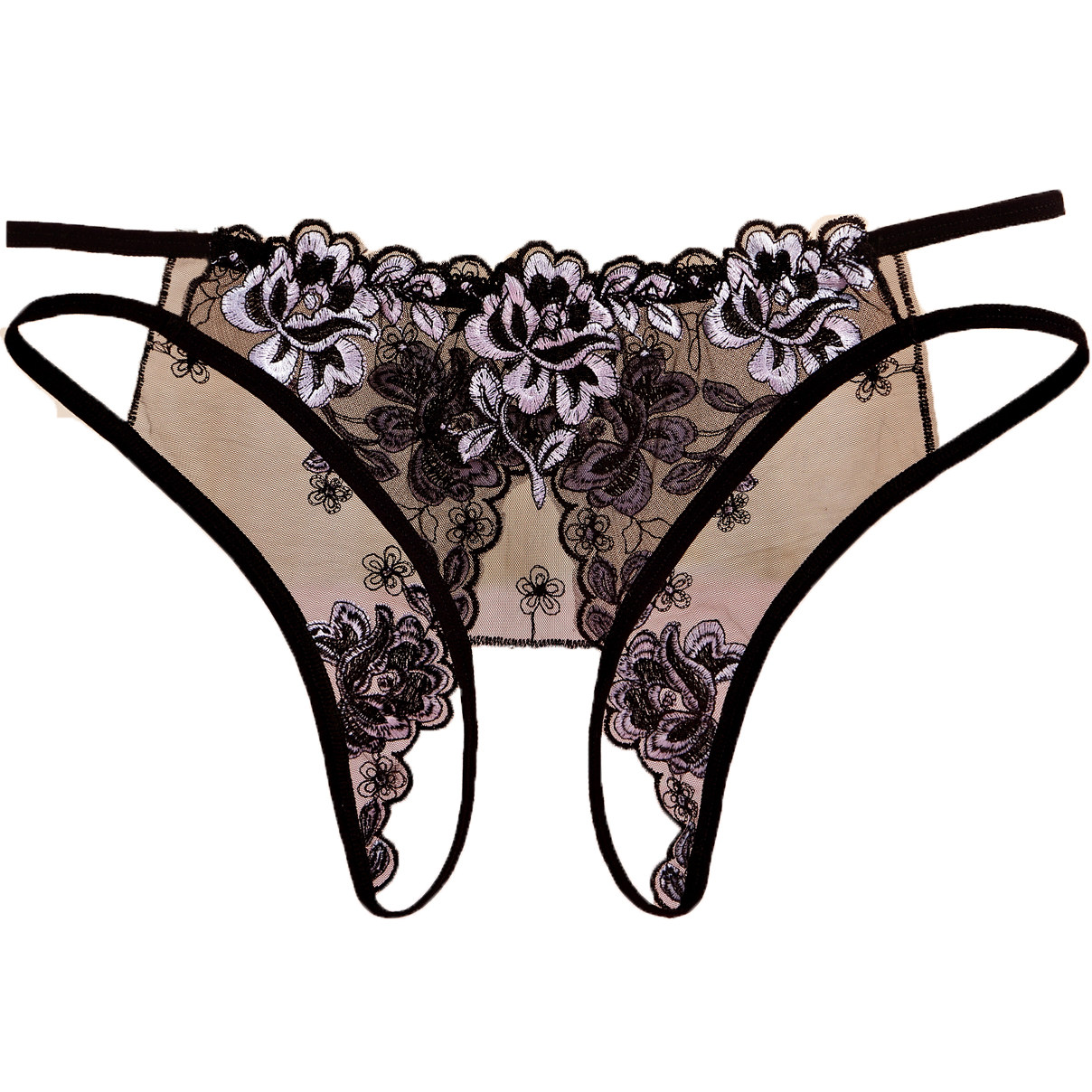 4条内裤女开档性感火辣网纱刺绣绣花超薄透明女三角裤