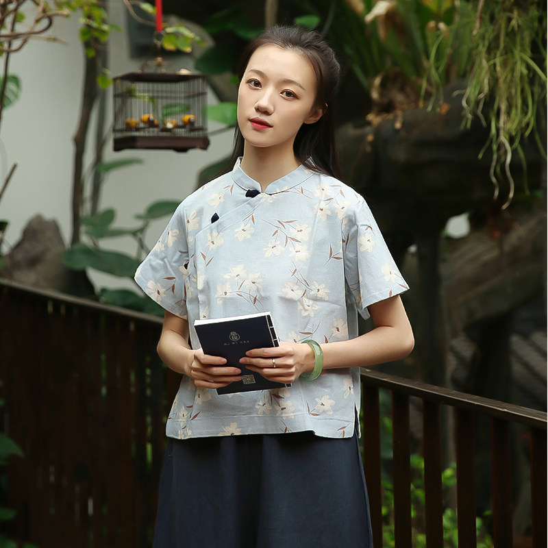布衣美人文艺百搭棉麻旗袍上衣民国印花短衫上衣