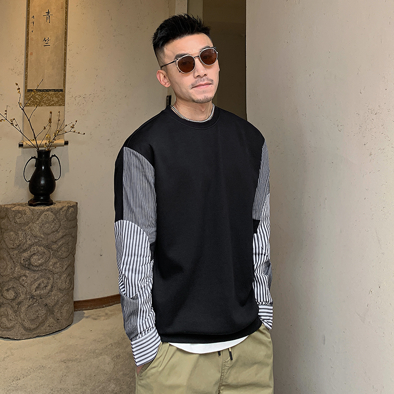 杠叔秋冬季男士拼接卫衣假两件宽松加绒加厚圆领套头上衣外套潮流