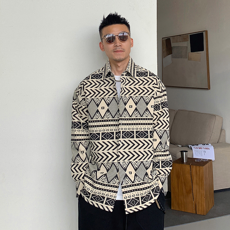 杠叔春秋季男士翻领衬衫外套长袖原宿风宽松衬衣上衣美式韩版潮流