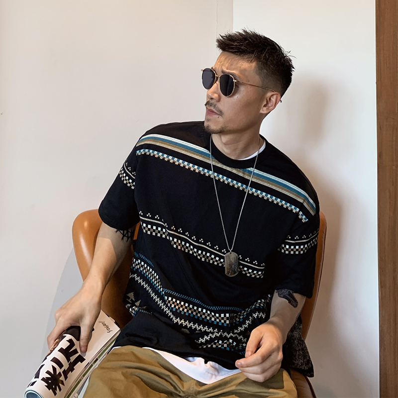 杠叔夏季男士个性设计条纹短袖T恤宽松休闲纯棉上衣百搭印花体恤