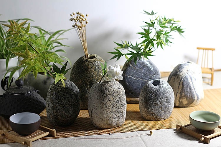天然真石头花瓶花卉花插茶道桌面小花植物绿植花盆