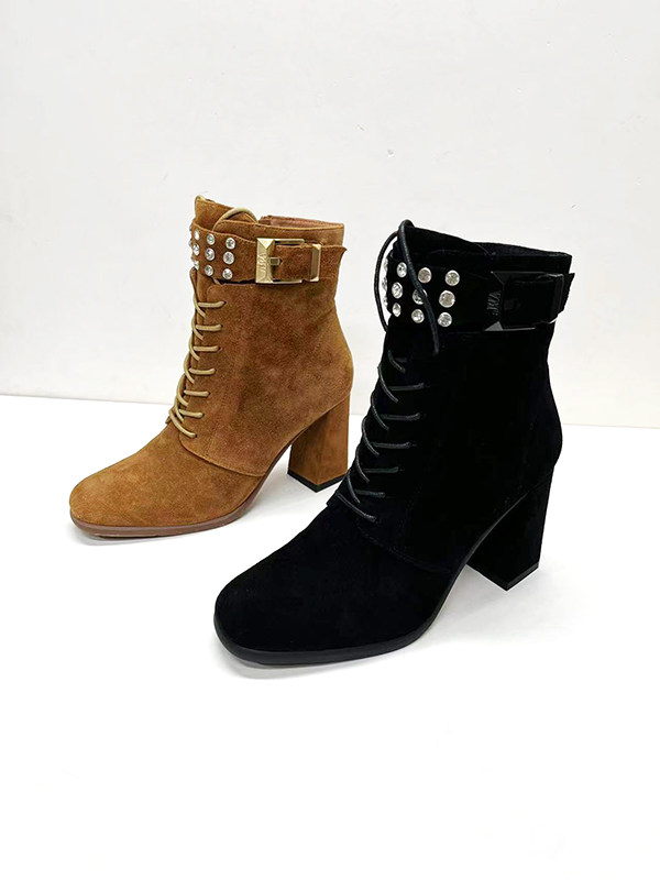 vme女鞋舞魅短靴粗跟拉链羊皮水钻铆钉皮带扣时装靴