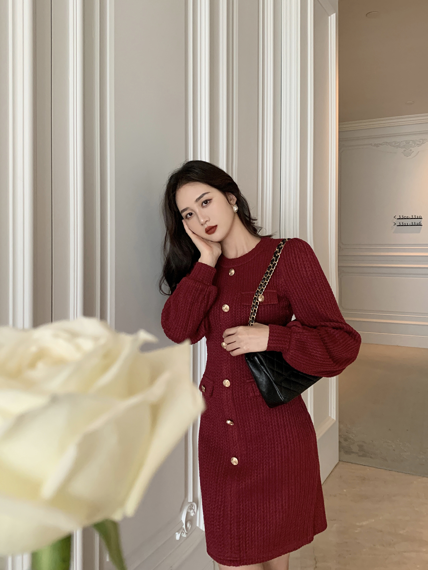 时尚针织中长灯笼复古冬季2021连衣裙肌理麻花连衣裙