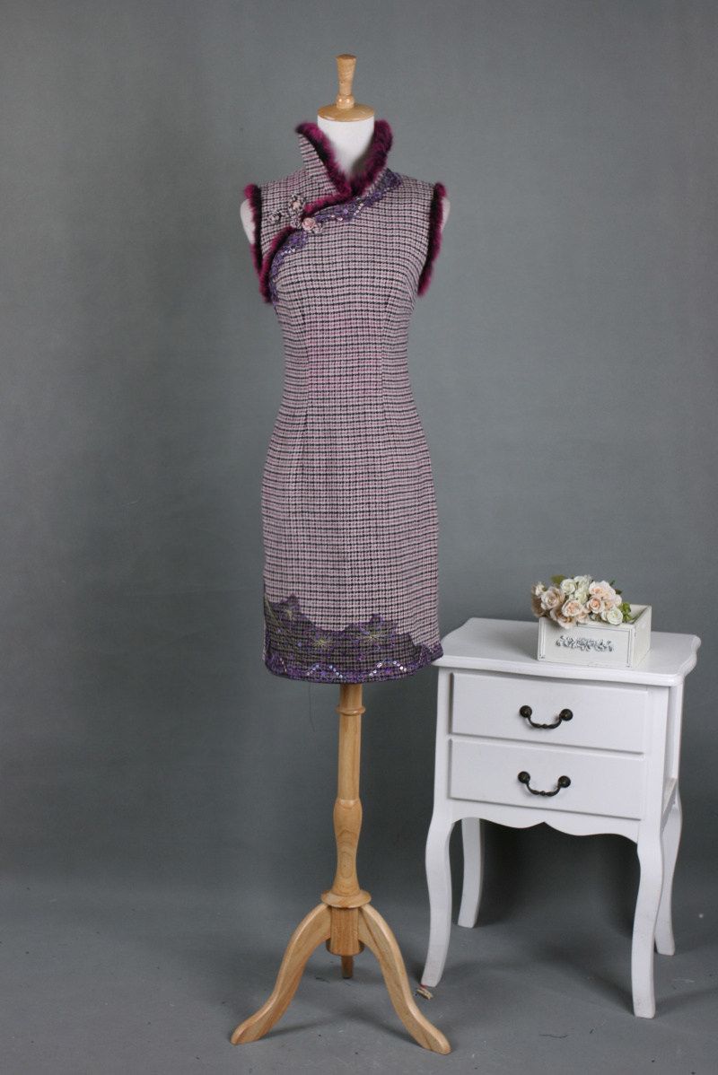 真皮皮草镶边改良日常旗袍羊毛修身连衣裙瑕疵旗袍