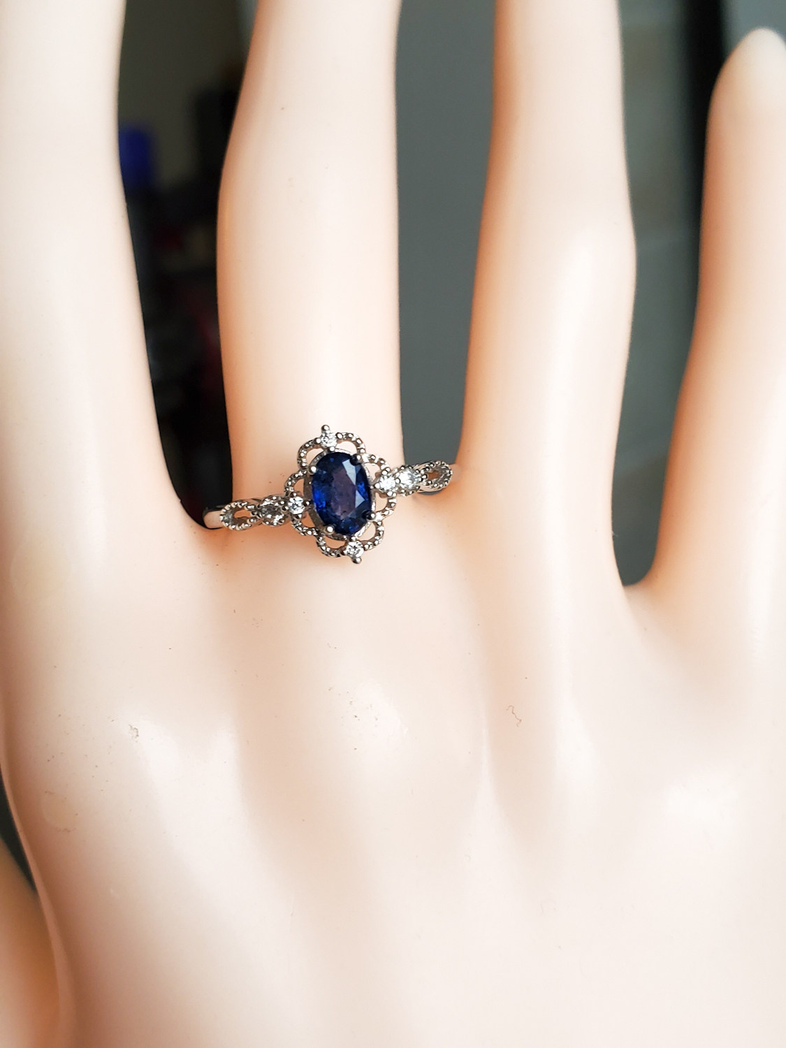 天然蓝宝石复古宫廷s925纯银白金镶嵌可调调节戒指